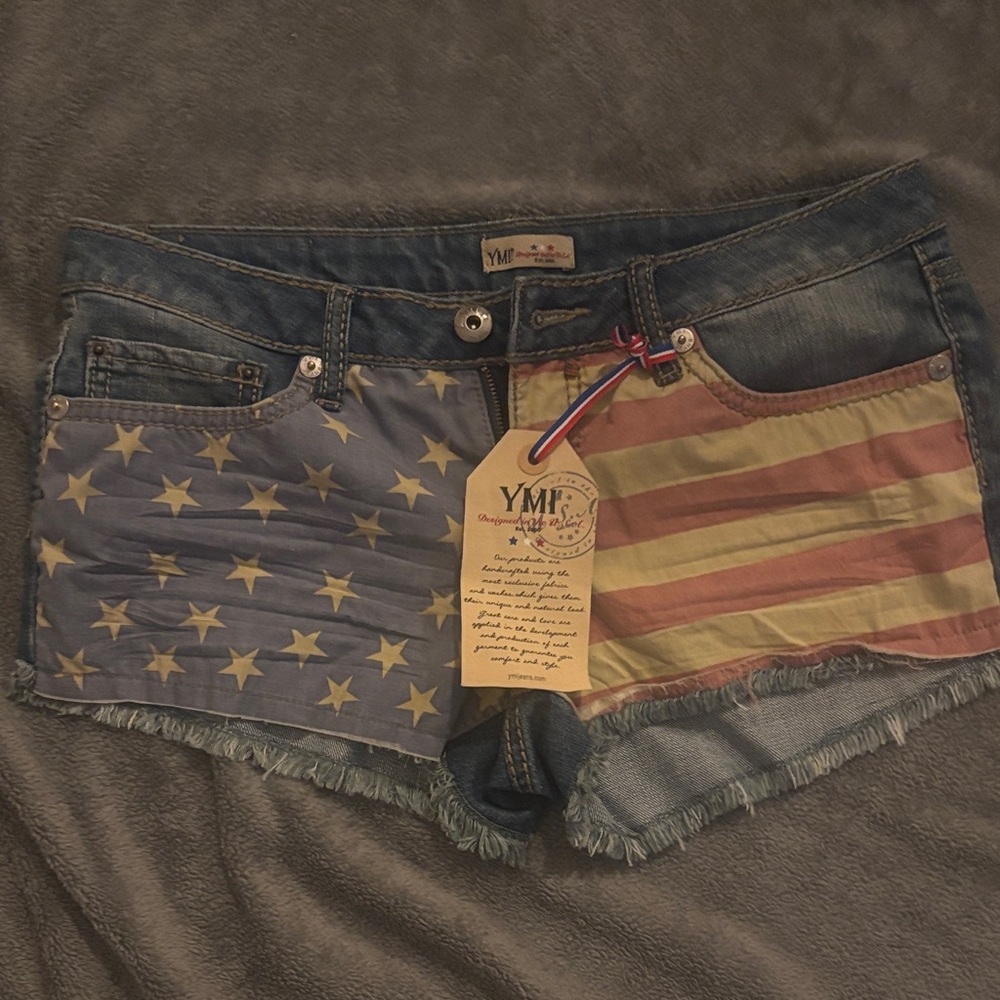 YMI Women's Denim Jean Shorts with American Flag Print - Blue, Red, White